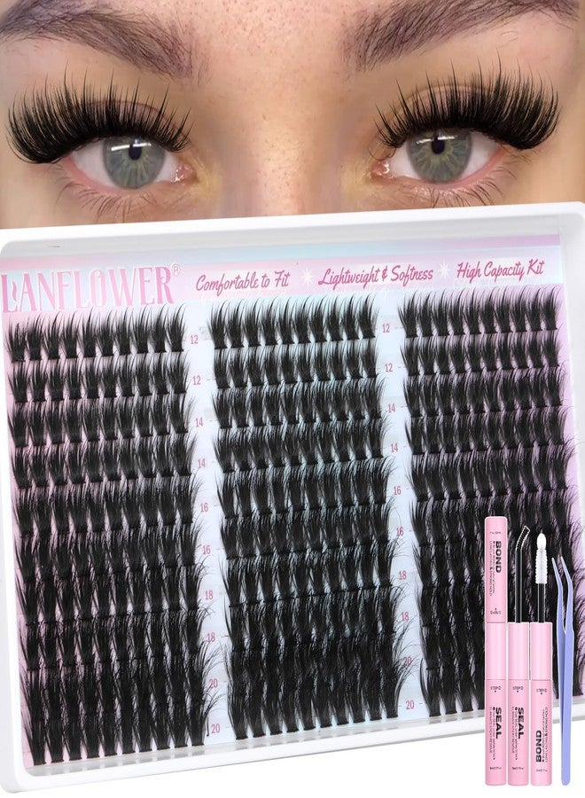 Lanflower Wispy Lash Clusters Kit Fairy Lash Extension Kit 300Pcs Wispy Eyelash Extension Kit Natural Cluster Eyelash Extensions Kit 12-20mm Eyelash Clusters CD Curl Individual Lashes Clusters - Image 1